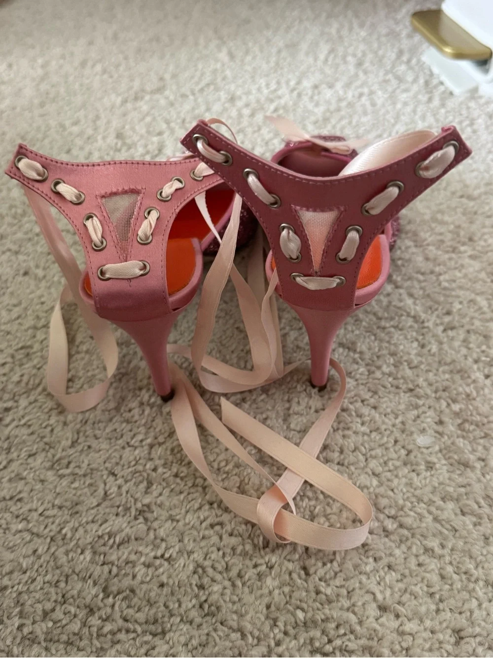 D. Lacquaniti Pink Glitter Peep Toe Lace-Up Ribbon Heels Size 37 / US 7